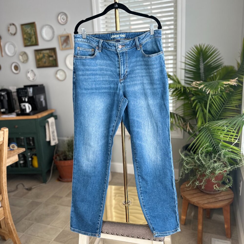 Land's End Mid Rise Boyfriend Jeans in Indigo Tide Blue Sz 14